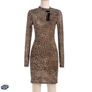 Lucky & Blessed Leopard Print Bodycon Long Sleeve Mesh Dress Size S - NEW